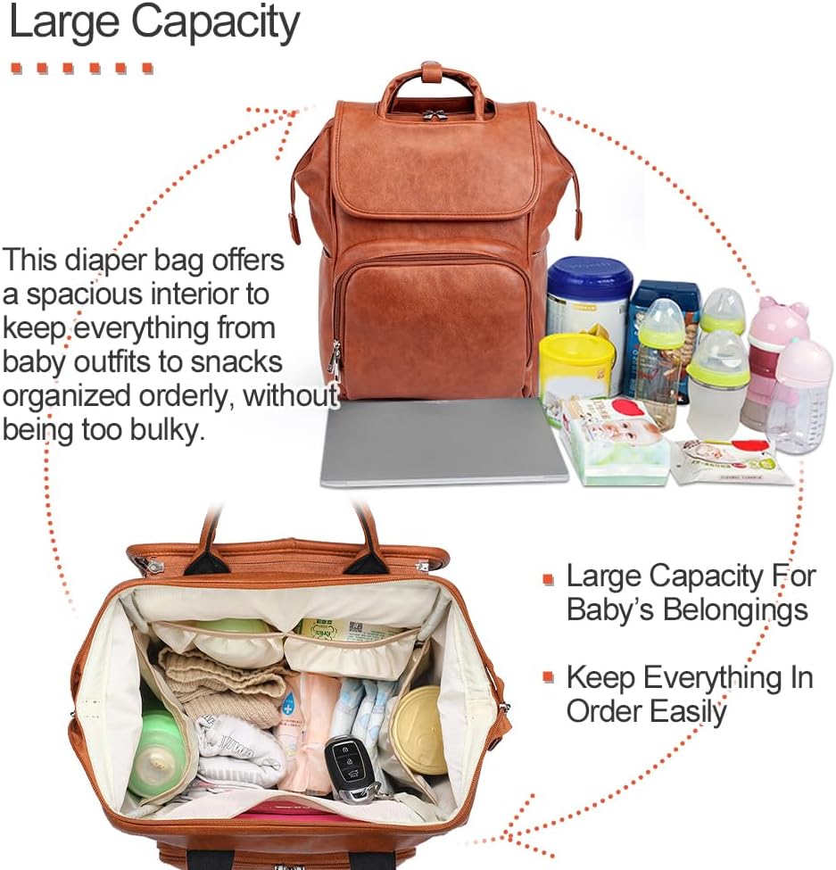 Leather Diaper Bag Backpack with Changing Mat Travel Backpack Waterproof&Insulated Large Nappy Bag Stroller Straps, Brown B, 13.8x8x18 Inch (Pack of 1), Travel Backpacks