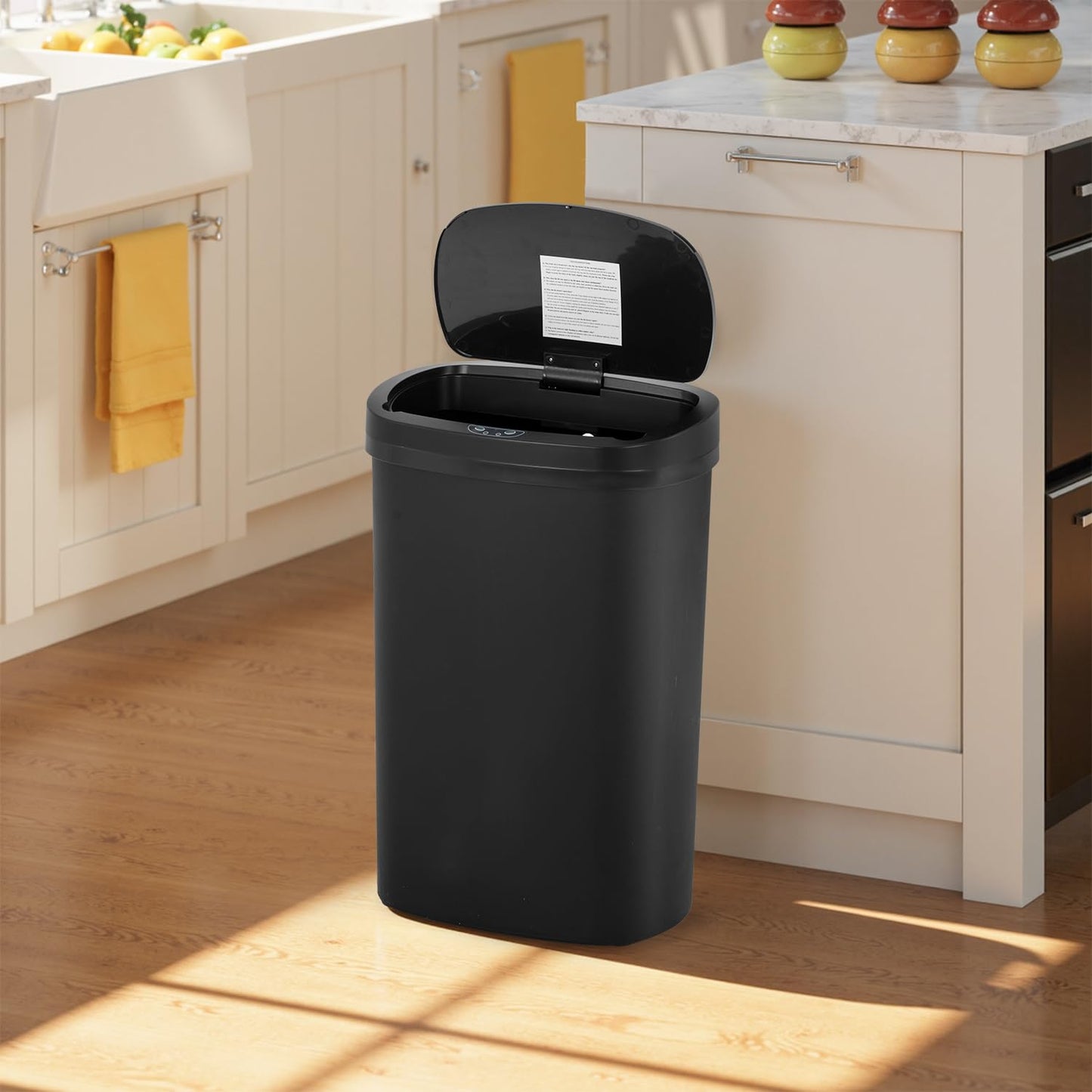BestOffice | 13 Gallon Plastic Trash Can with Lid | Dark Black | Automatic Touchless Garbage Can | Odor Control | Modern Oval Design | Easy to Clean | Fits Any Kitchen, Bathroom, Office or Home