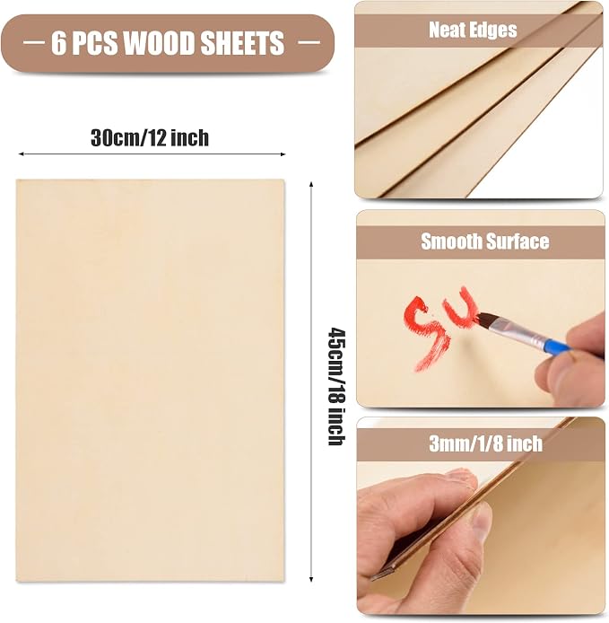 6 Pack Basswood Sheets 12 x 18 x 1/8 Inch-3 mm Unfinished Plywood