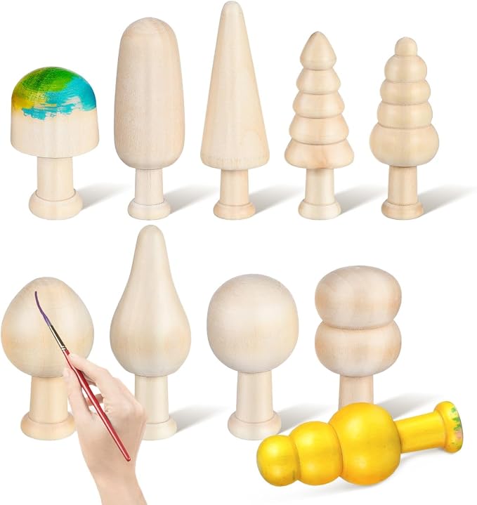 TEHAUX 20pcs Unfinished Mini Wooden Trees 5 Shapes DIY Paintable Wood Craft