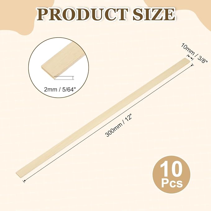 MECCANIXITY 10Pcs Wood Strips Slats, 5/64" x 3/8" x 12" Thin Wood Sticks Flat