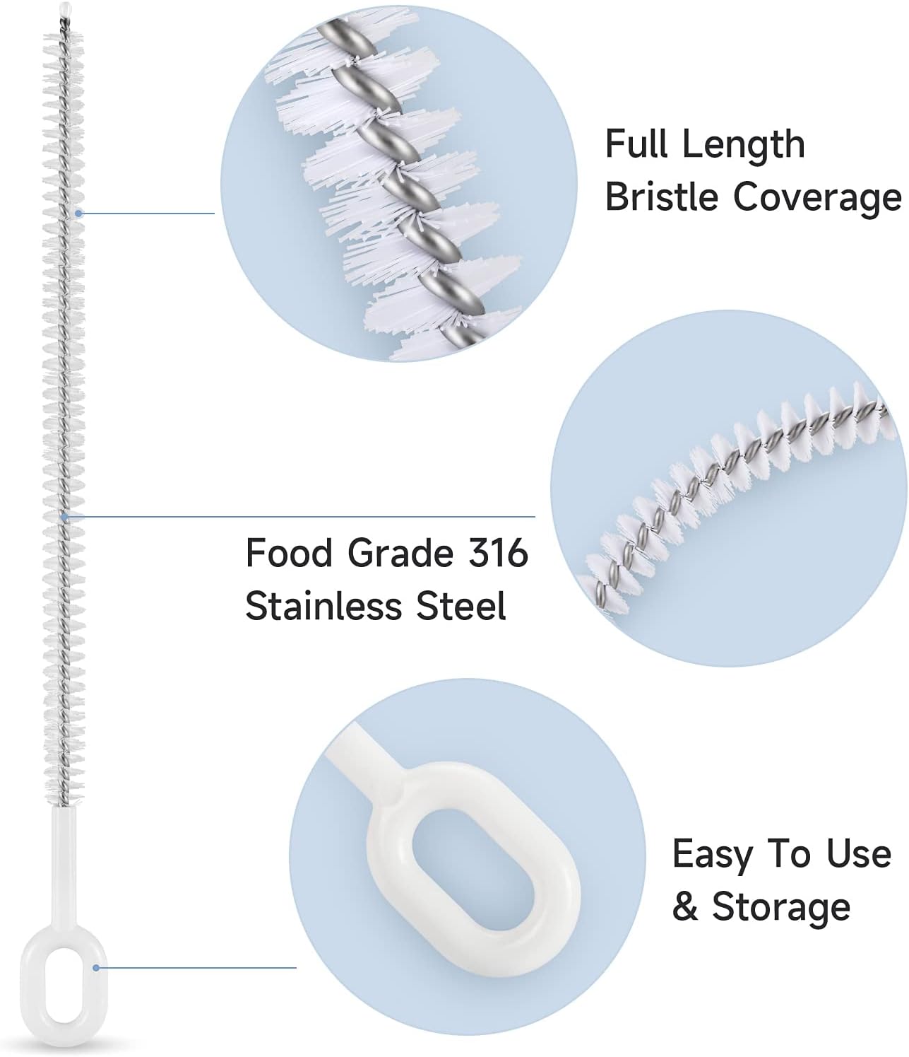 Straw Cleaner Brush Set (4 Pack) - 10 Inch, 4 Diameters for Thin & Smoothie Straws, Heavy-Duty, Comfort Grip Handle
