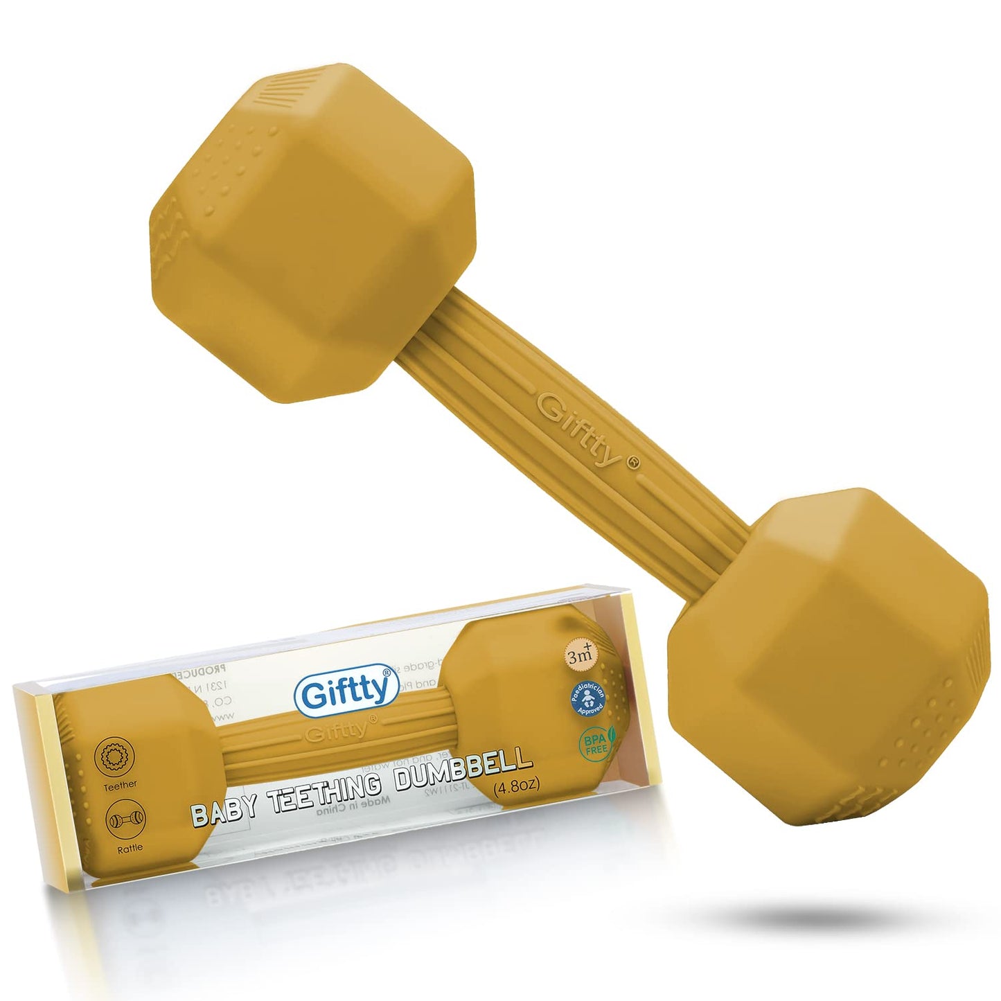 Giftty Baby Dumbbell - Silicone Infant Rattle Teething Toy Teether Toddler Sensory Toy Durable Safe Exercises Workout Weight - Great Gift for Baby Boys & Girls (1pcs - Tangerine)