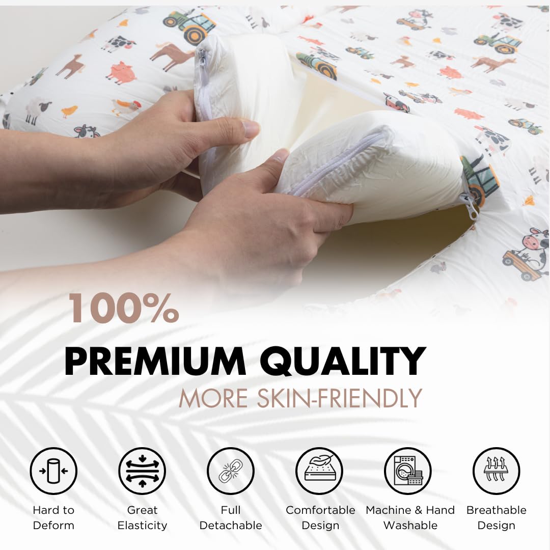 TKC Baby Lounger 0-24 Months | Adjustable Infant Lounger | Breathable Organic Cotton Cover | Reversible Farm Animal Pattern | Includes Matching Swaddle Blanket | Portable Baby Nest