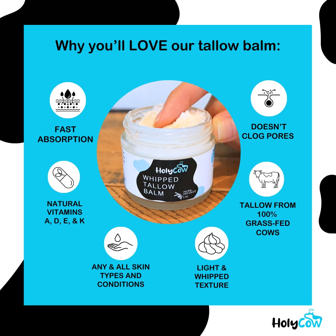 HolyCow Beef Tallow For Skin - Whipped Tallow Balm with Organic Jojoba Oil (Unscented/Herb-Infused), Grass Fed Beef Tallow Face Moisturizer for Eczema, Baby, Lip Balm - Lotion For Extremely Dry Skin