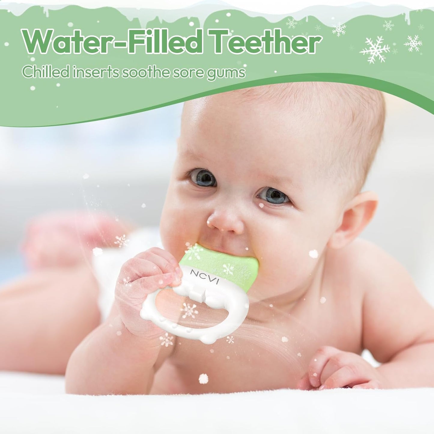 NCVI Freezable Baby Silicone Teething Toys – Cooling Relief for Babies 0-12 Months, BPA-Free, Water-Filled & Ice Teething Toys, Safe & Effective Cold Teethers for Soothing Sore Gums, Pink & Green