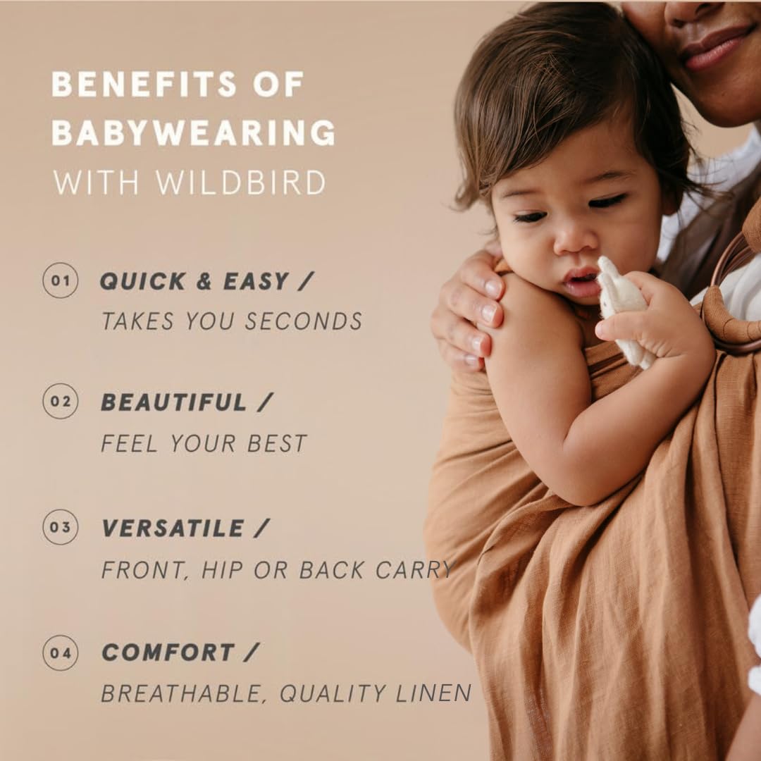 WildBird - Ring Sling Baby Carrier - Newborn to Up to 35 lbs - for Moms, Dads & Caregivers - 100% Natural European Linen Fibers - Versatile & Adjustable - 74” Size - Willow Fabric & Black Ring