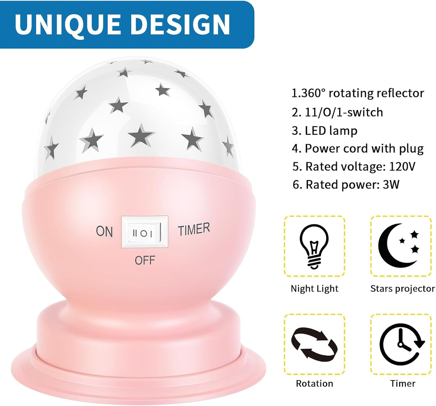 Star Night Light for Kids, 360° Rotating Starry Ceiling Projector for Kid’s Bedroom with Timer, 3000K,Pink,1 Pack