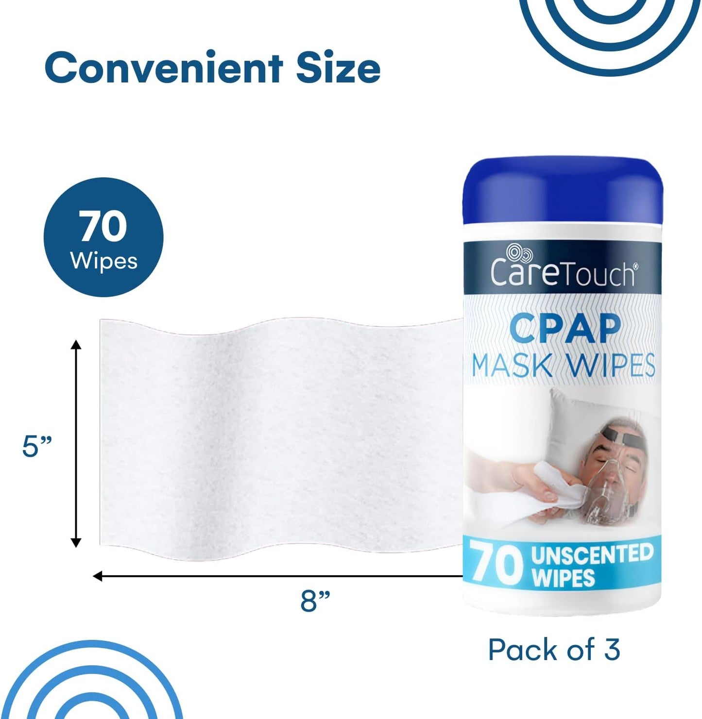 Care Touch CPAP Wipes - Unscented | CPAP Cleaner | 3 Packs of 70 Unscented Mask Cleaning Wipes - 210 Total