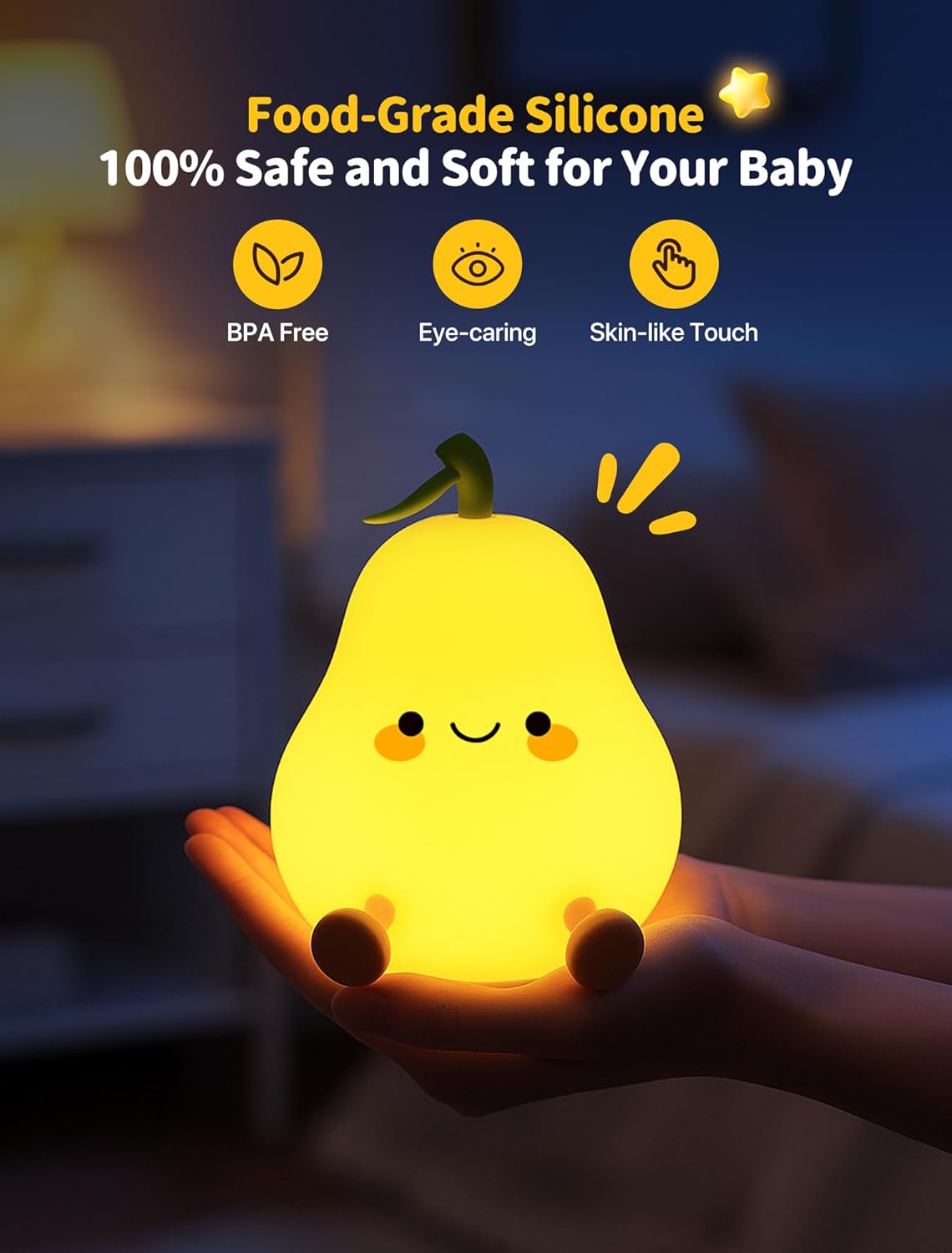 Fruit & Vegetable Night Light Set – 3 Pack Cute Silicone Nightlight, Rechargeable Bedside Touch Lamp, Dimmable Soft Night Lamp Gift for Bedroom Kids Room Decor (Pear, Pineapple, Eggplant)