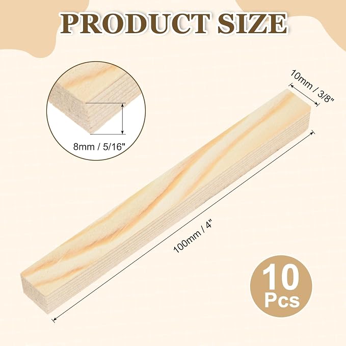 MECCANIXITY 10Pcs Wood Strips Slats, 5/16" x 3/8" x 4" Thin Wood Sticks Flat
