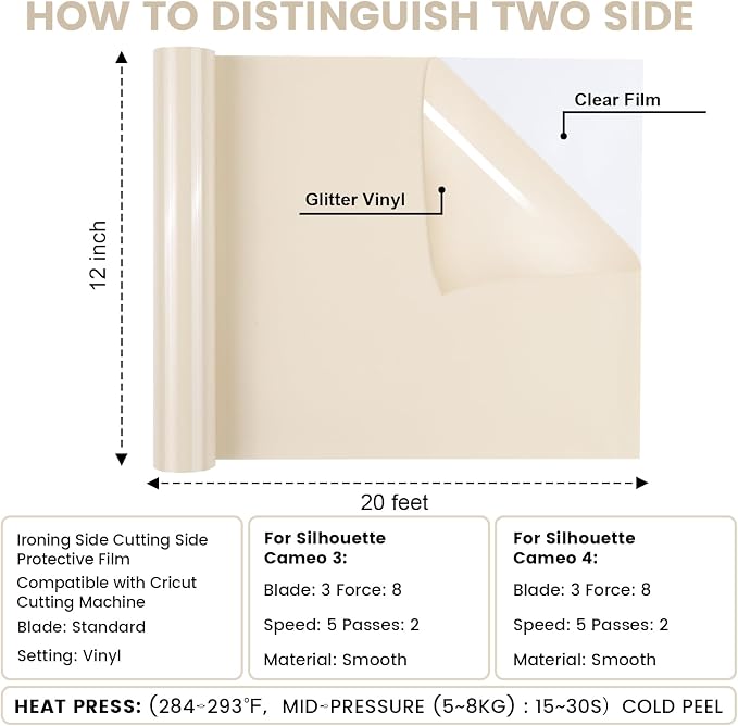Heat Transfer Vinyl Cream12 x 20Ft, PU HTV Iron on Vinyl Easy to Cut & Weed