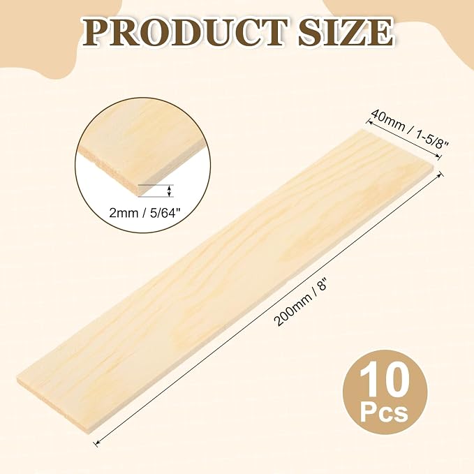 MECCANIXITY 10Pcs Wood Strips Slats, 5/64" x 1‑5/8" x 8" Thin Wood Sticks Flat