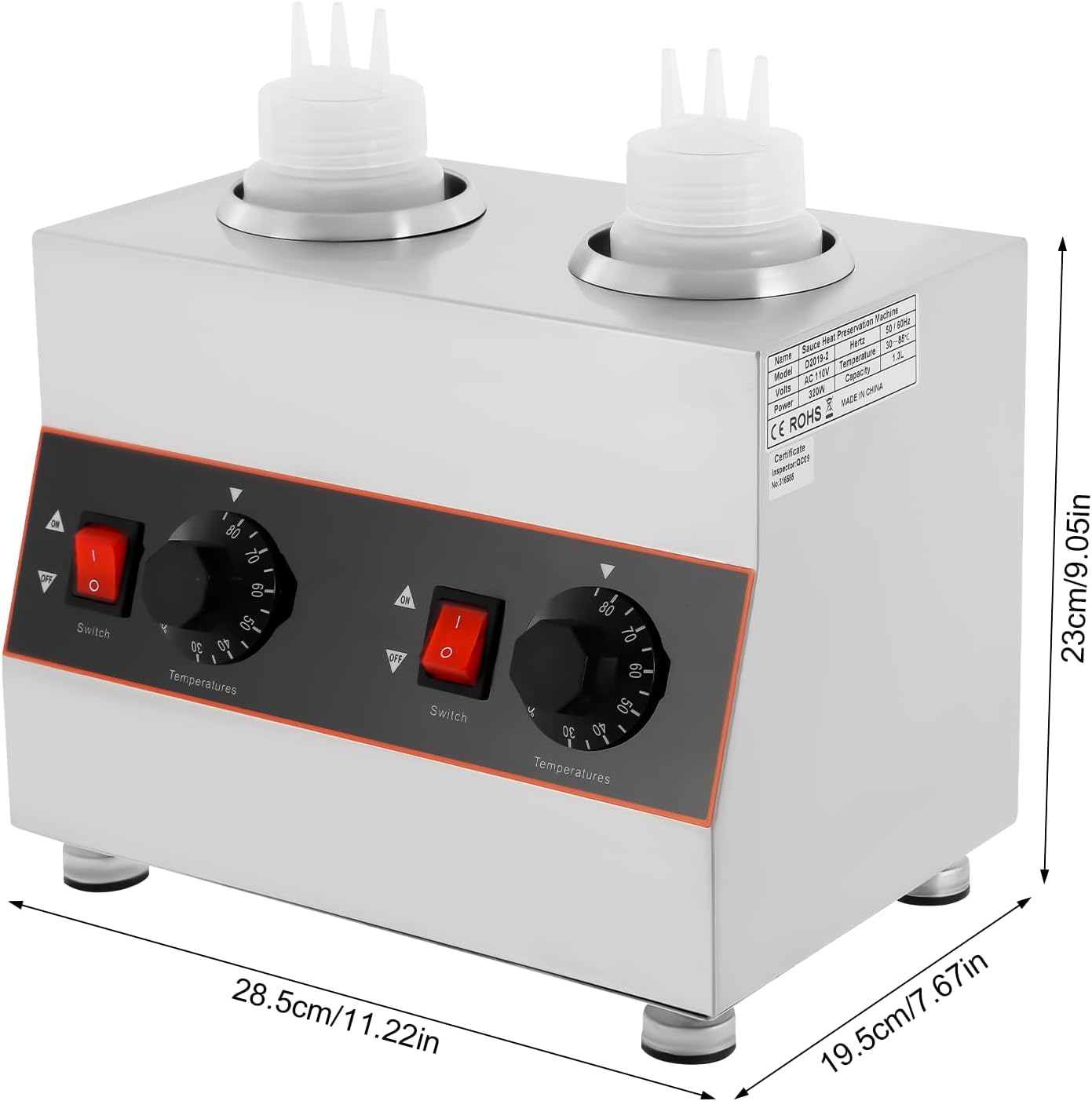 Electric Dual Bottle Sauce Warmer, 320W 110V Cheese & Chocolate Melter with Adjustable Temp 86-185°F, Stainless Steel Commercial Topping Warmer for Nacho, Caramel, Fudge with Two 650ml PC Bottles