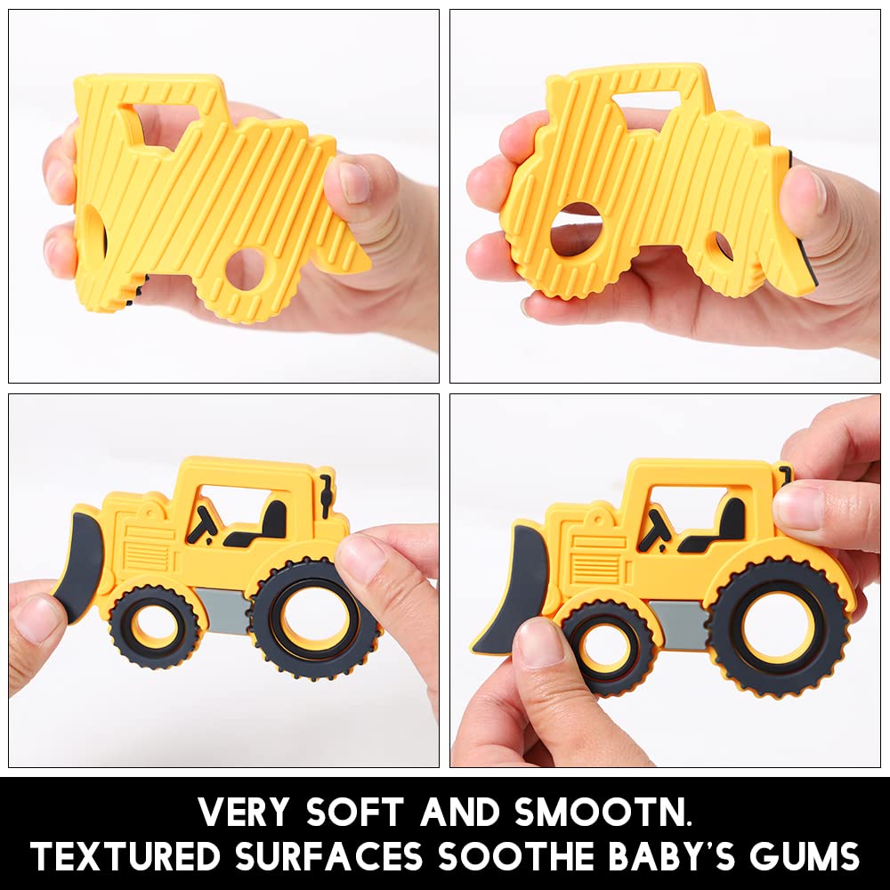 Baby Silicone Teether,Sensory Chew Toys,BPA Free Soft and Effective Infant Teething Pain Relief Toys,Freezer Safe,Food Grade Silicone,Best Shower Gift for Boys and Girls (Yellow Bulldozer)