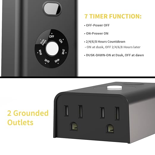 Minoston Outdoor Timer Outlet Waterproof 2 Pack, Dusk to Dawn Photocell Light Sensor Socket, 2/4/6/8 Hours Cutdown Timer, 2 Grounded Outlets for Christmas and Hallowen Deceration, Black(MP40T)