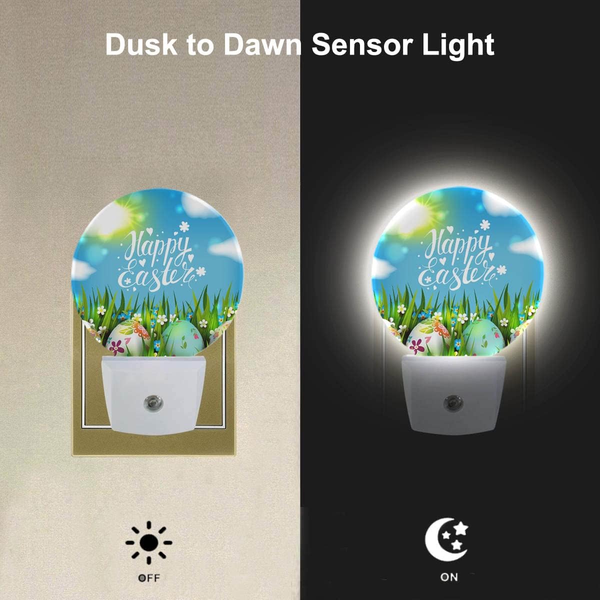 EKOBLA Easter Night Lights Plug into Wall Easter Colorful Eggs on Green Grass LED Dusk to Dawn Plug-in Nightlights Auto Sensor for Men Women Boys Girls