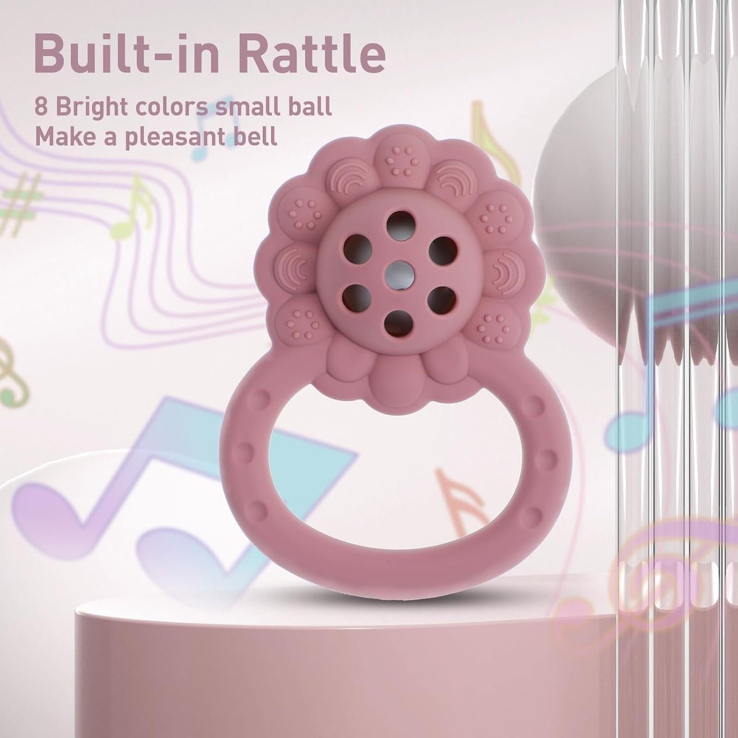 Rattle Teether, Lion Shape Montessori Baby Sensory Teething Toys, Food Grade Silicone BPA Free, Newborn Essentials Must Haves (Shifting Sand Powder Rose)