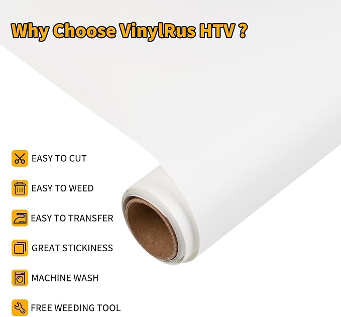 VinylRus Heat Transfer Vinyl-12” x 6ft White Iron on Vinyl Roll