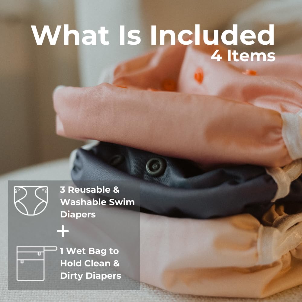 Nora's Nursery Reusable Swim Diapers and Wet Bag - One Size Fully Adjustable - Laguna Unisex 3 Pack with Wet Bag