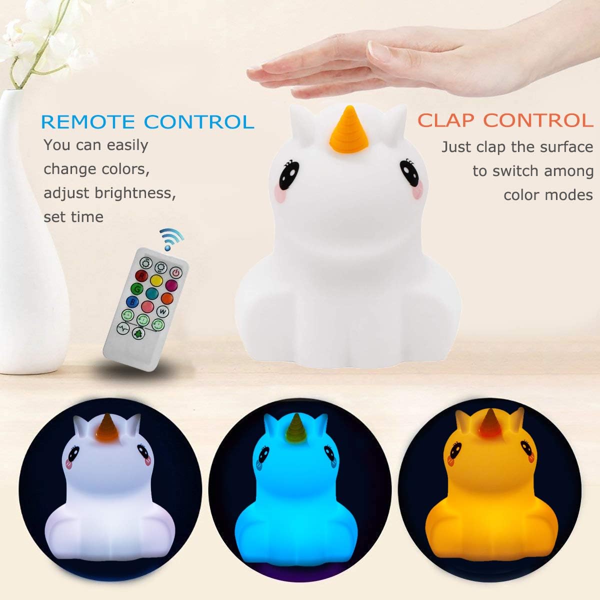 Large Unicorn Night Lights for Kids, 9 Colors silicone Bedside Table Lamps Baby Bedroom Lighting Nursery Children Tap lamp for Toddlers Boys Girls Adults Student Elder Bathroom Outdoor - Large
