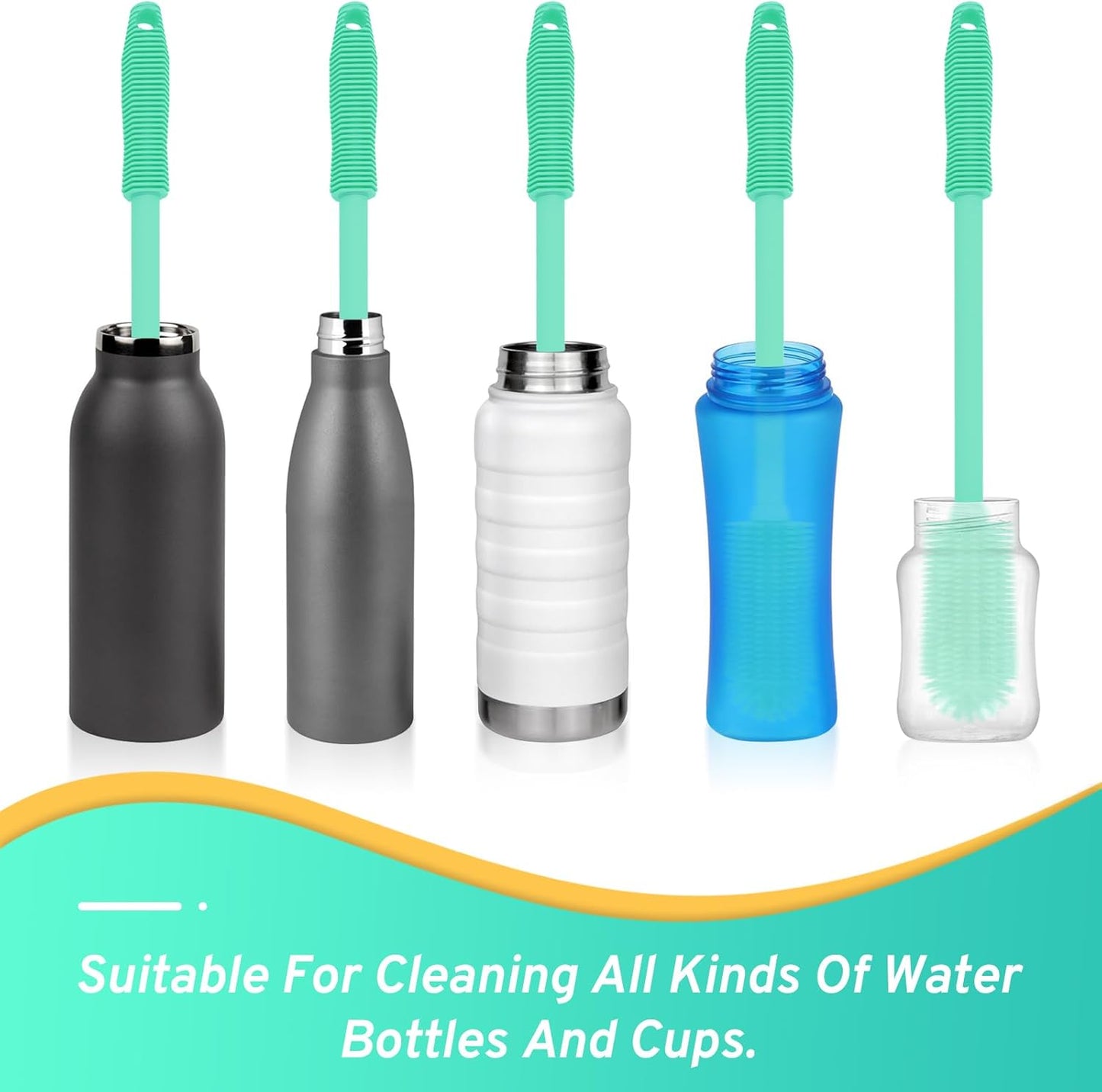 Silicone Bottle Brush with 2 Straw Cleaner Brushes,Bottle Brush Set for Cleaning Bottles,Jars,Tumblers,Thermoses,Baby Bottle,Water Bottle,Dish,Easy to Use and Dry,Heat Resistant Sturdy