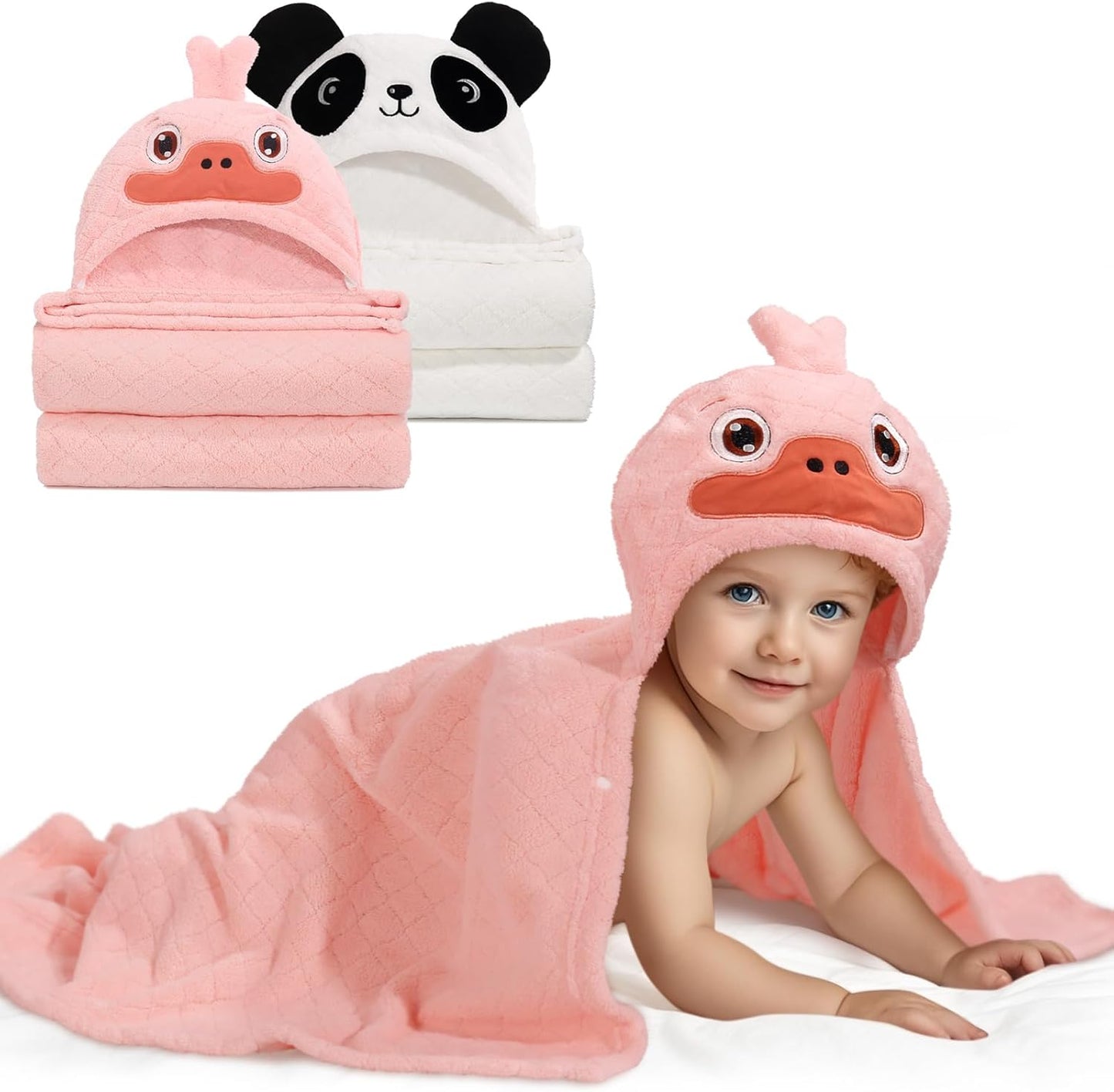 Toddler Bath Towels Age 1-2, Soft Absorbent Animal Hooded Towel for Kids Girls, 2 Pack 50" x 32" Large Thick Baby Towels with Hood, White Panda & Pink Duck Set
