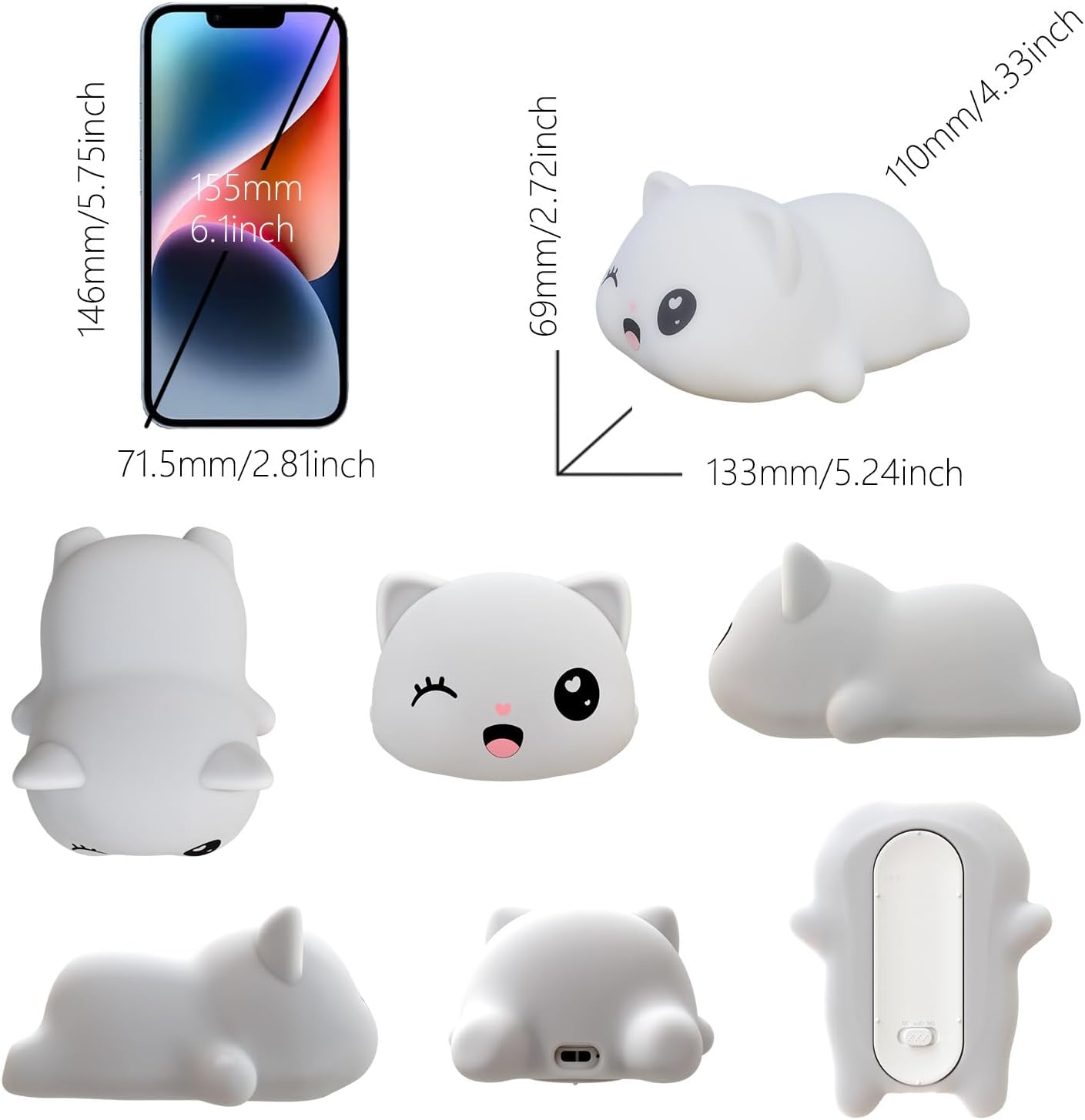 Colorful Life Cat Night Light for Kids, Silicone Tap Control LED Bedside Lamp, Soft Touch Sensor Kitty Light for Baby Girls Boys, USB Rechargeable Nightlight(Light up When patted)