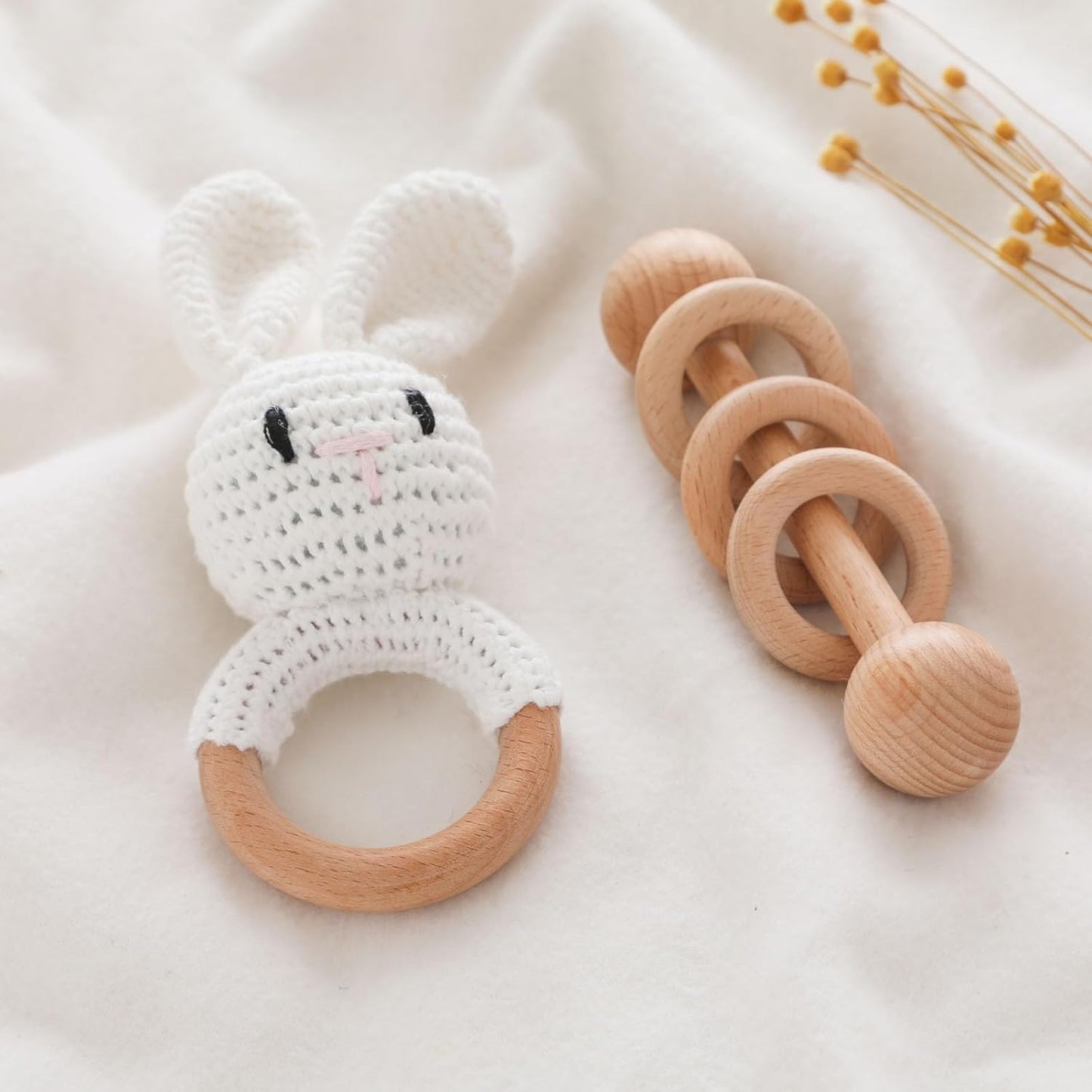 Wooden Baby Rattle, Crochet White Bunny Rattle and Wood Rattle Set, Newborn Wooden Animal Rattle Toy, Baby Wooden Rattle Toy 2PCS