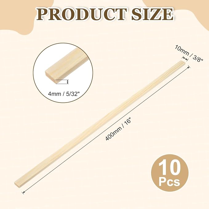 MECCANIXITY 10Pcs Wood Strips Slats, 5/32" x 3/8" x 16" Thin Wood Sticks Flat