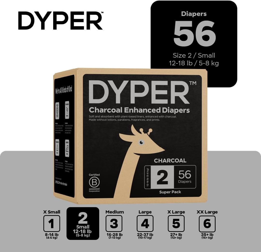 DYPER - Charcoal Enhanced Day & Overnight Disposable Baby Diapers - Made with Plant-Based* & Skin-Friendly Ingredients, Hypoallergenic for Sensitive Skin - Size 2, (56 Count)