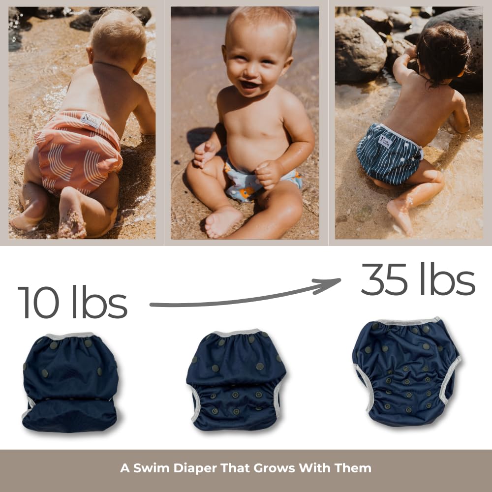 Nora's Nursery Reusable Swim Diapers and Wet Bag - One Size Fully Adjustable - Laguna Unisex 3 Pack with Wet Bag