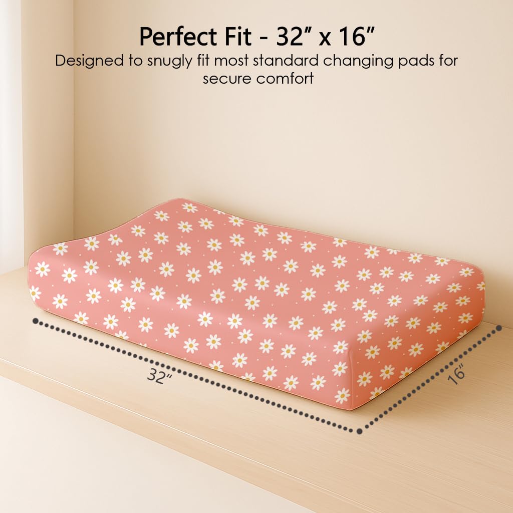 Changing Pad Cover for Baby Boys Girls 2 Pack, Fits Standard 32”×16” Changing Table Pads, Silky Breathable Stretch Knit, Machine Washable (Rosy Days)