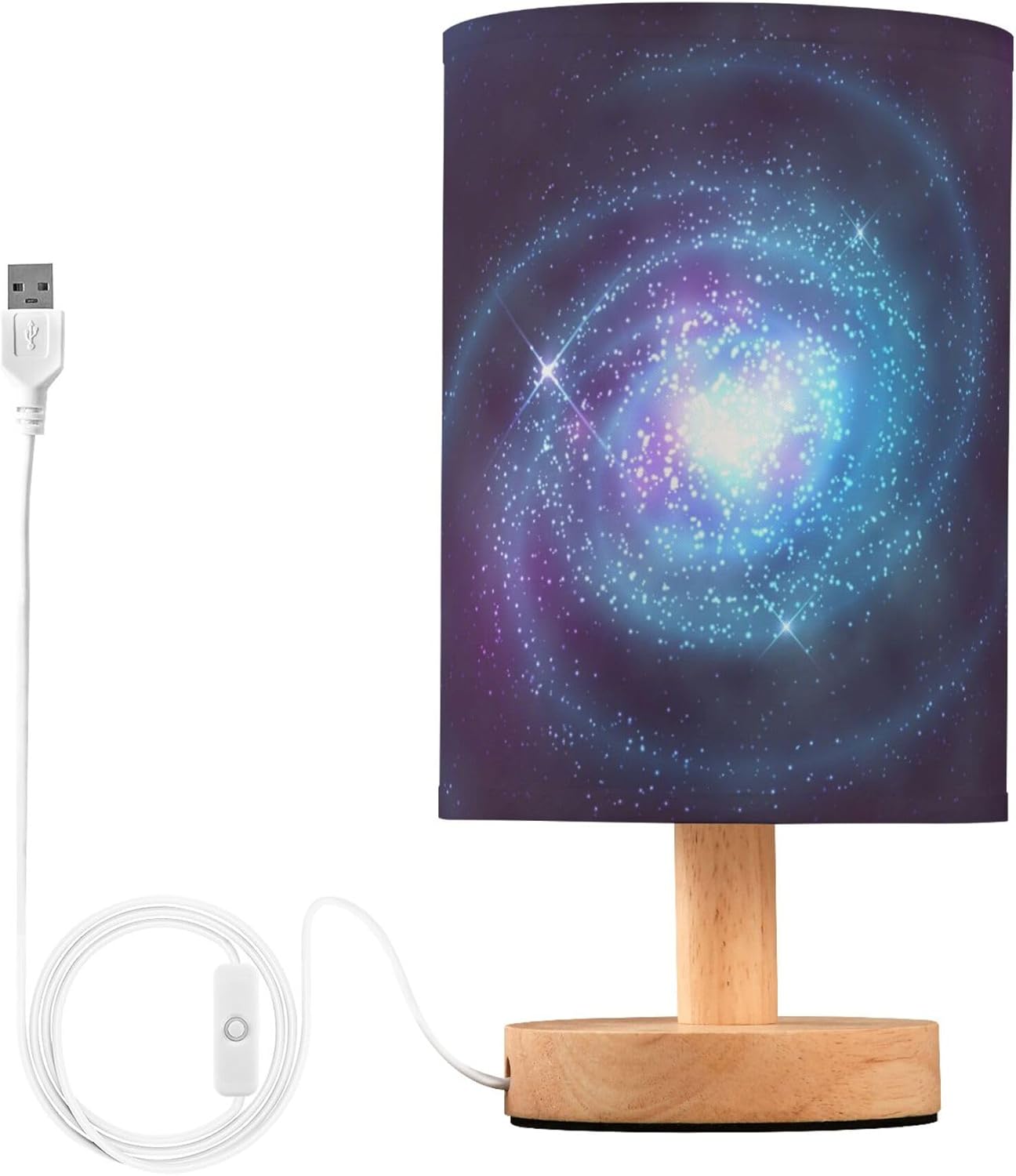 Spiral Galaxy Nebula Starry Night Sky Swirl Nightstand Desk Lamp with Wood Base Fabric Shade for Living Room Bedroom Kids Room Office