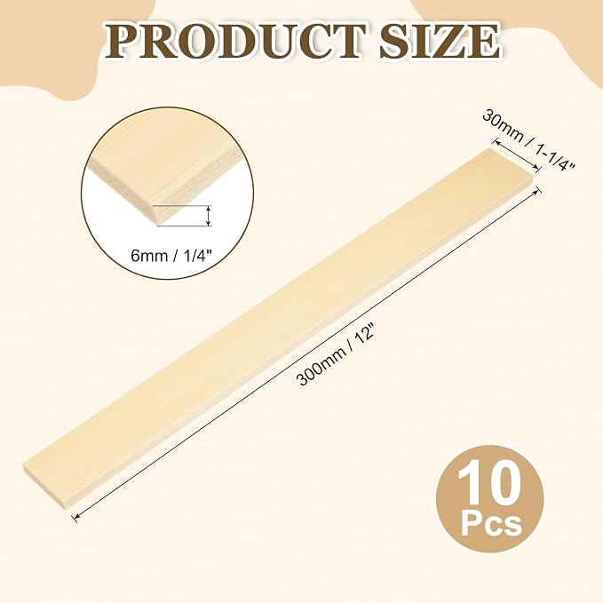 MECCANIXITY 10Pcs Wood Strips Slats, 1/4" x 1‑1/4" x 12" Thin Wood Sticks Flat