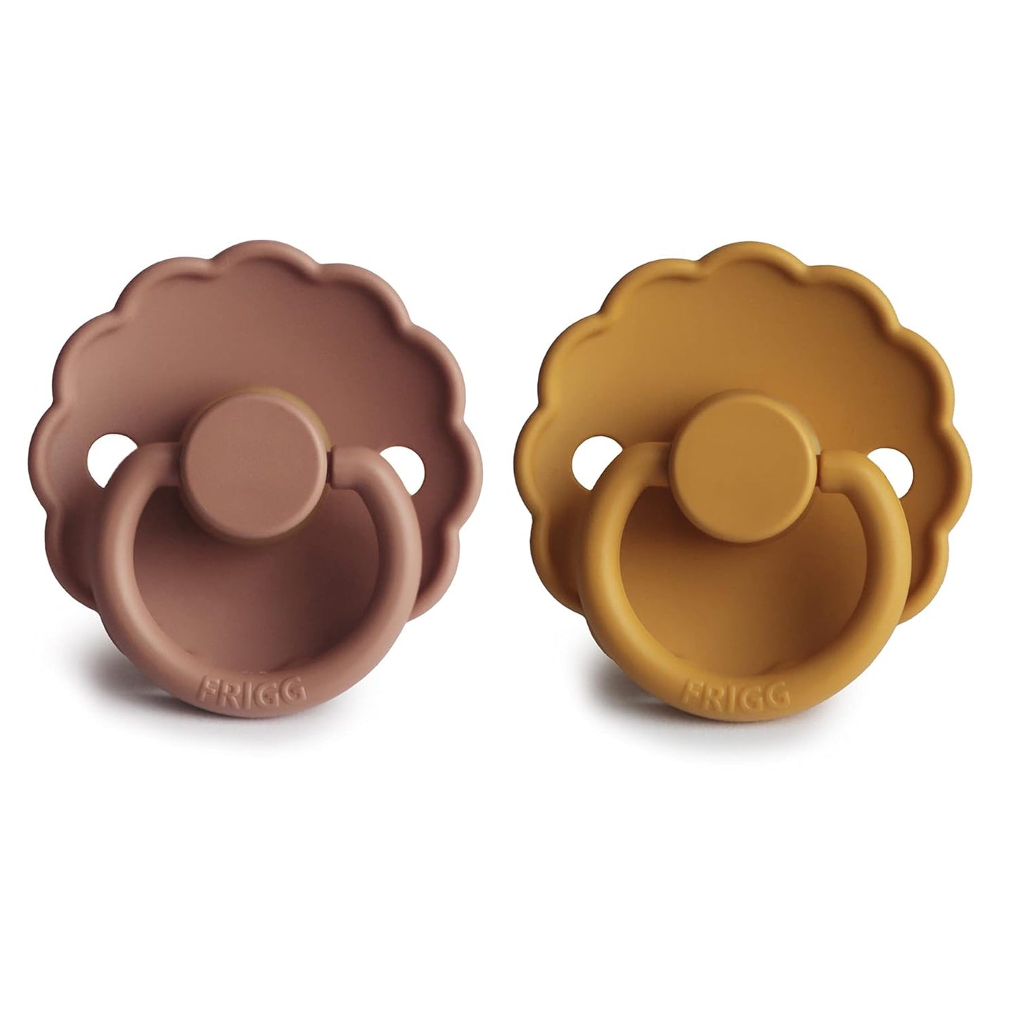 FRIGG Daisy Natural Rubber Baby Pacifier | Made in Denmark | BPA-Free (Rose Gold/Honey Gold, 0-6 Months) 2-Pack