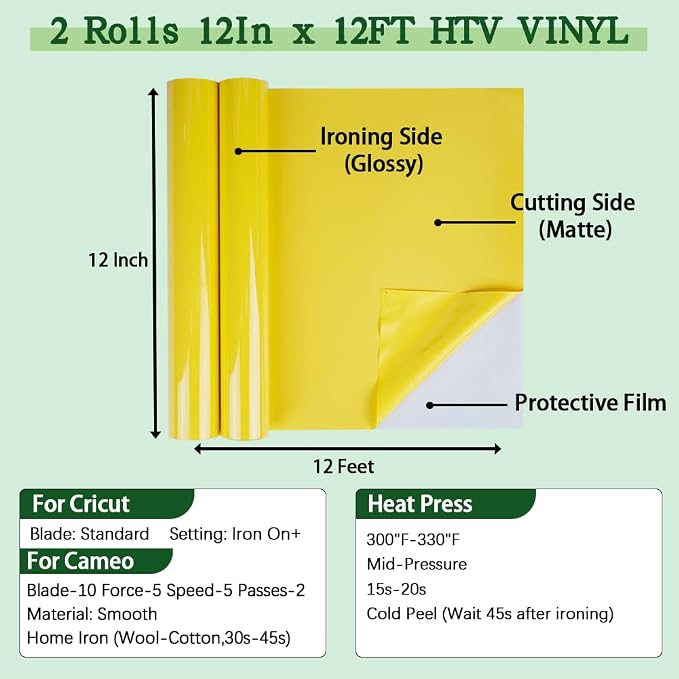 guangyintong Yellow Heat Transfer Vinyl HTV Rolls, 2 Rolls 12" x 12ft Yellow