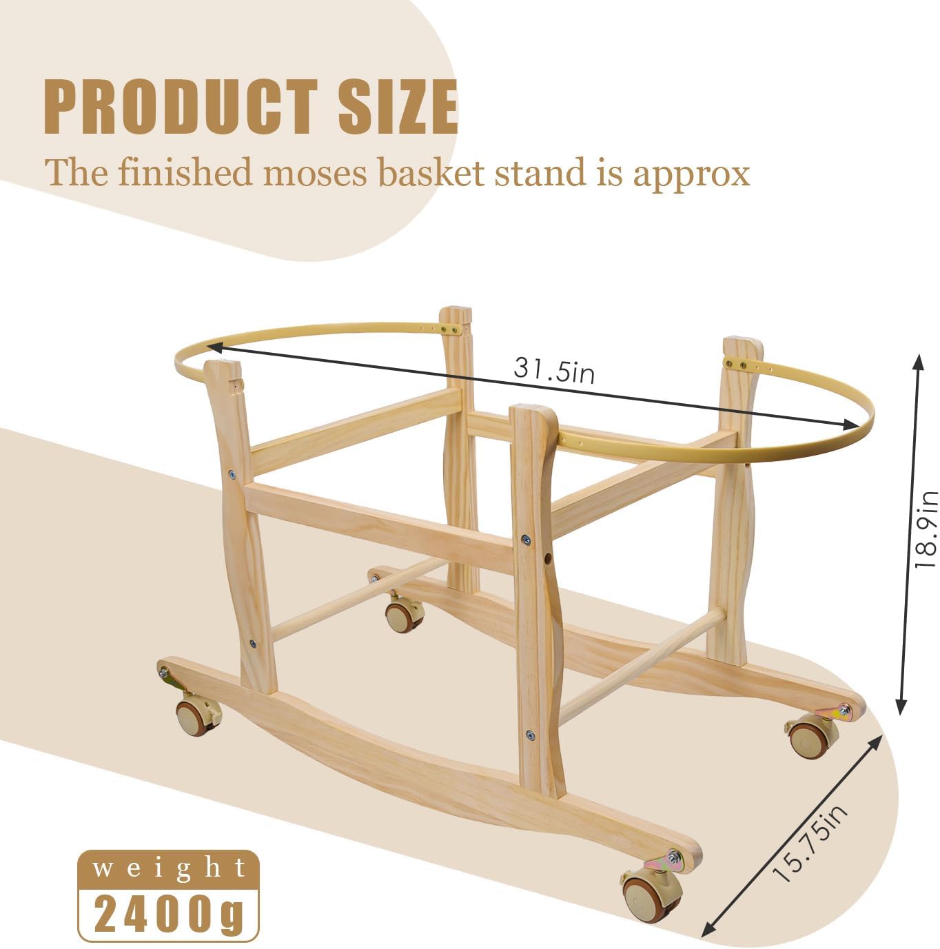 Moses Basket Stand, Bassinets Stand, Wooden Rocking Moses Baskets Stand for Baby Bassinets, Mose Basket Bassinet Stand Adjustable Bassinet Rocker with Wheels
