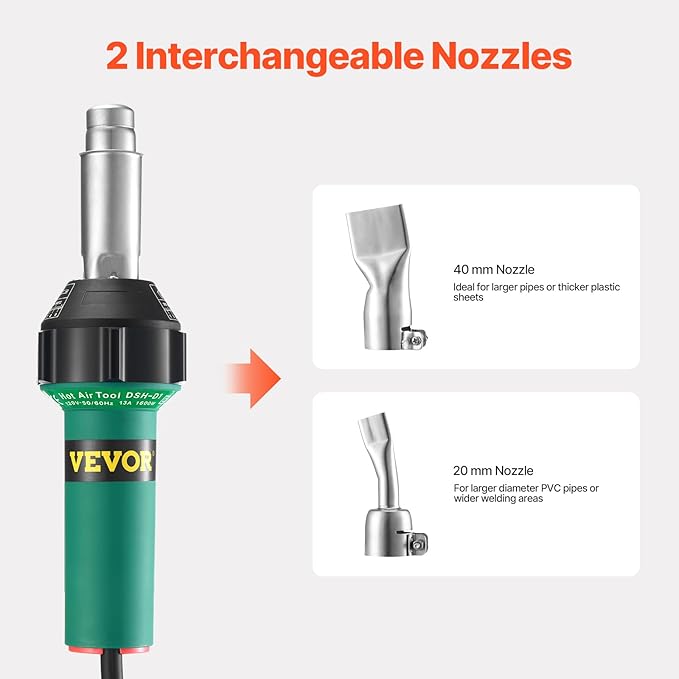 VEVOR Hot Air Plastic Welder, 1600W Hot Air Torch Pistol, 122-1112℉ PVC TPO Vinyl Heat Gun Welding Torch, Plastic Welding Roofing Kit with 4 Accessories - 2 Nozzles & 1 Seam Roller for PP/PE/PVC Sheet