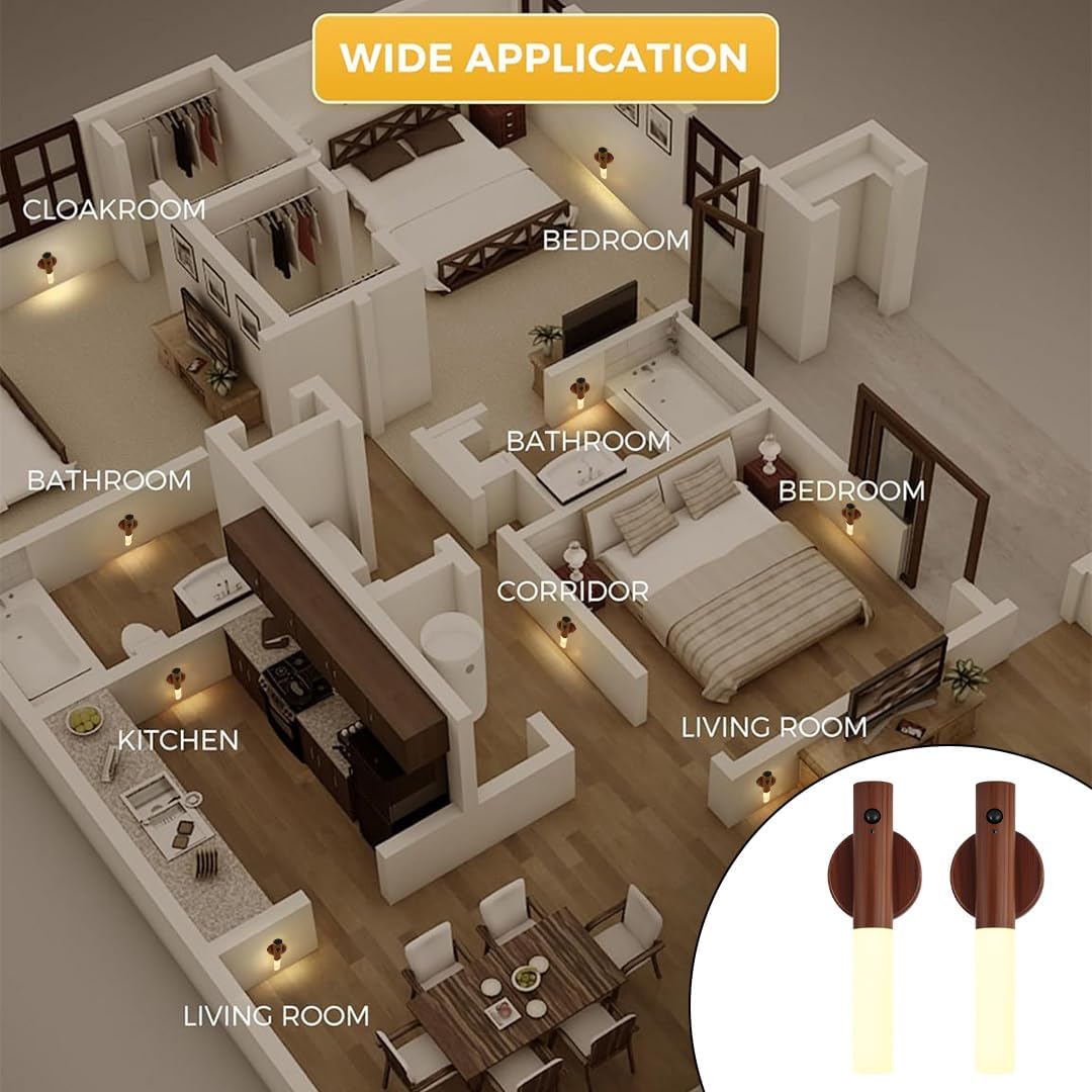 LANDGOO LED Nursery Night Light, Body Motion Sensor Nursing Lamp, Rechargeable Battery Powered Magnetic 360° Portable Lighting for Bedroom Bathroom, Walnut Wood 2Pcs