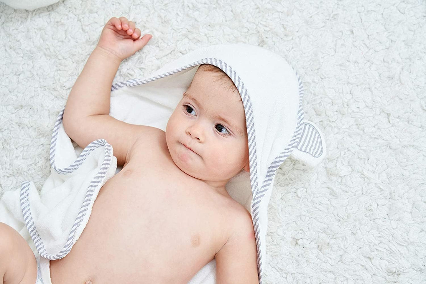 HIPHOP PANDA Hooded Towel - Rayon Made from Bamboo, Bath Towel with Bear Ears for Newborn, Babie, Toddler, Infant - Absorbent Large Baby Towel - White, 30 x 30 Inch
