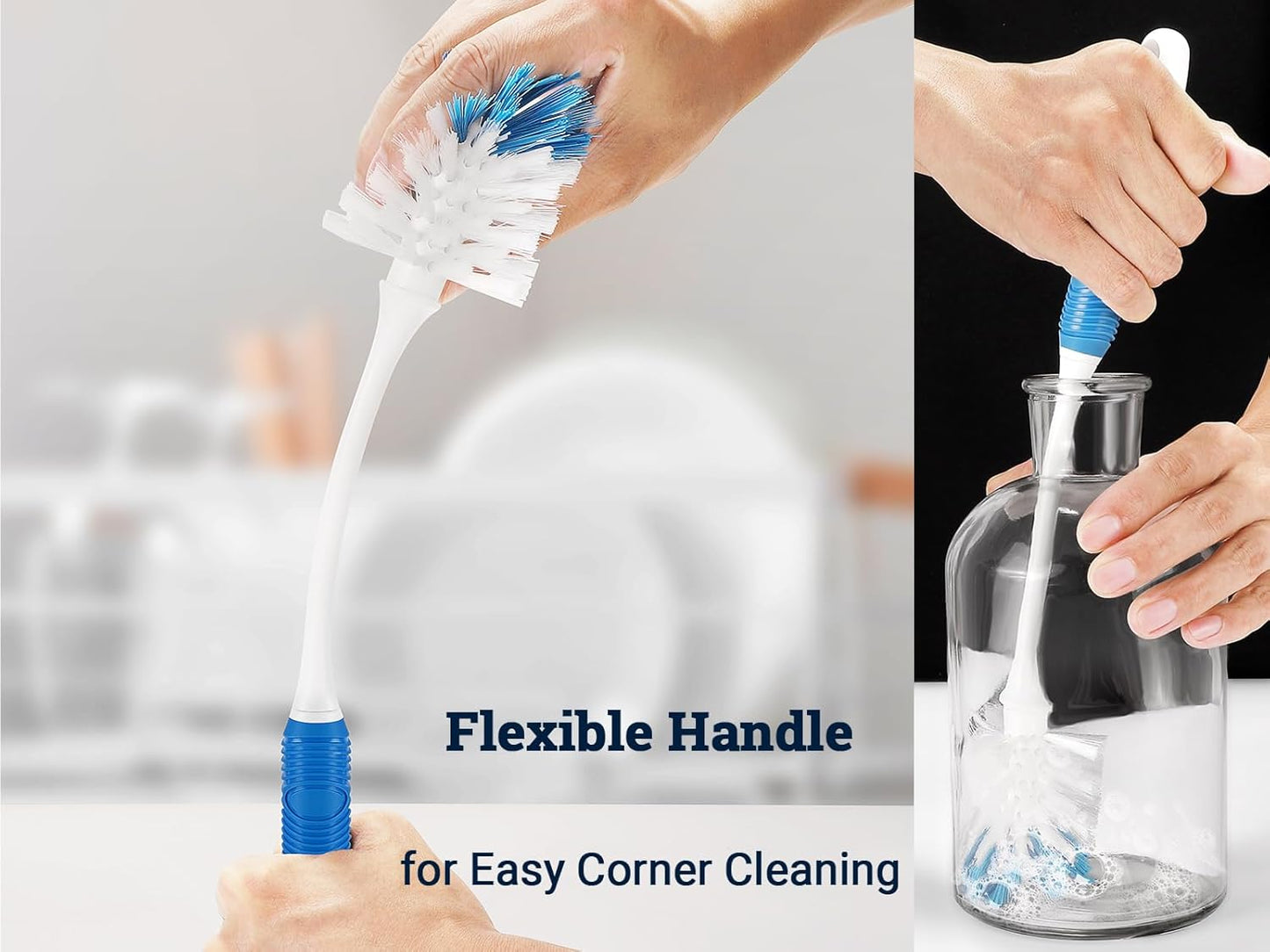 Bottle Brush Cleaner, Long Handle Bottle Brush with Dual Bristles for Water Bottles, Glassware, Mugs, Sports & Baby Bottles Cleaning, 2 Handles with 4 Brush Heads