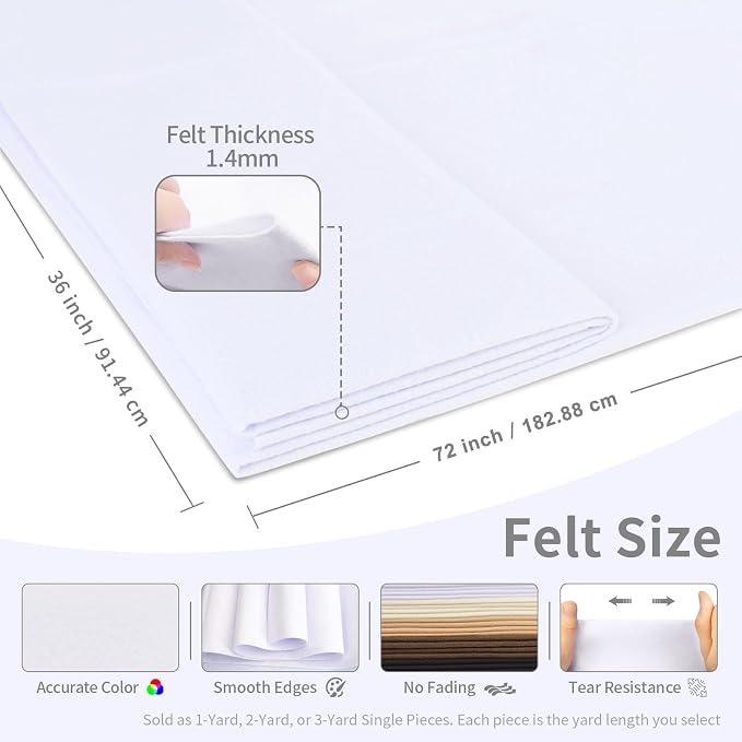 White Felt Fabric Sheet 72" X 36", 1.4mm Thick Large Soft Durable Flexible