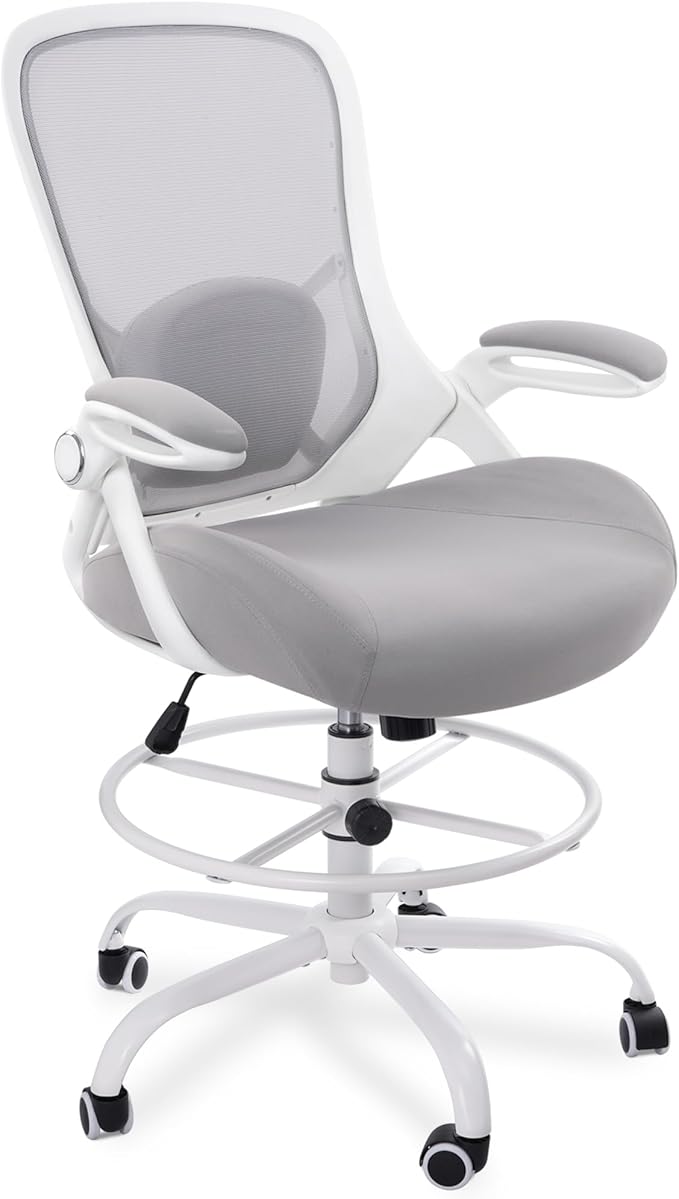 HYLONE 400lbs Heavy Duty Drafting Chair 5" Thickened Seat Office Chair with Flip-Up Armrests Tall Ergonomic Computer Chair with Lumbar Support and Adjustable Footrest Ring Standing Desk Chair (Grey)