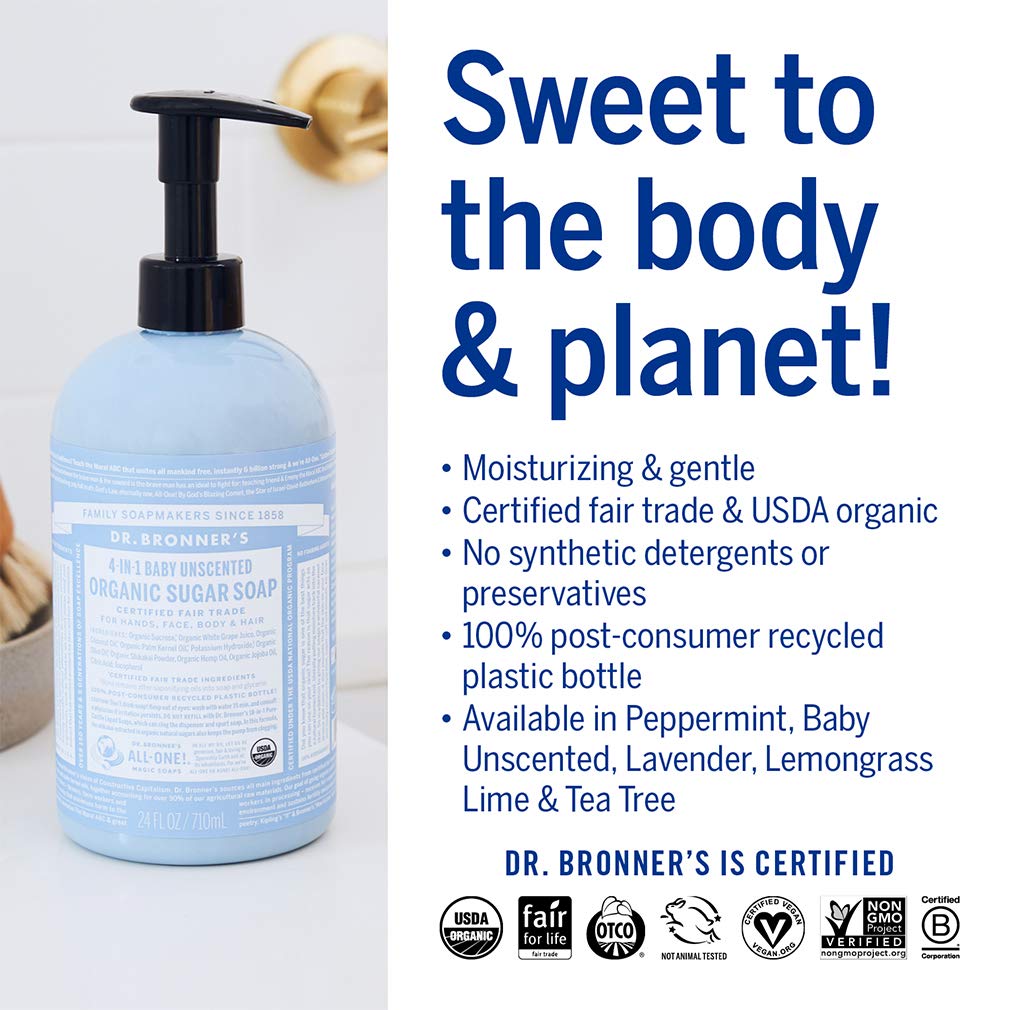Dr. Bronner’s - Organic Sugar Soap (Baby Unscented, 64 Ounce) - Made with Organic Oils, Sugar and Shikakai Powder, 4-in-1 Use: Hands, Body, Face and Hair, Moisturizes and Nourishes, No Added Fragrance
