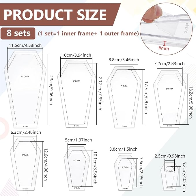 BENECREAT 16 Pcs Coffin Shaped Quilting Template, Transparent Patchwork Stencil