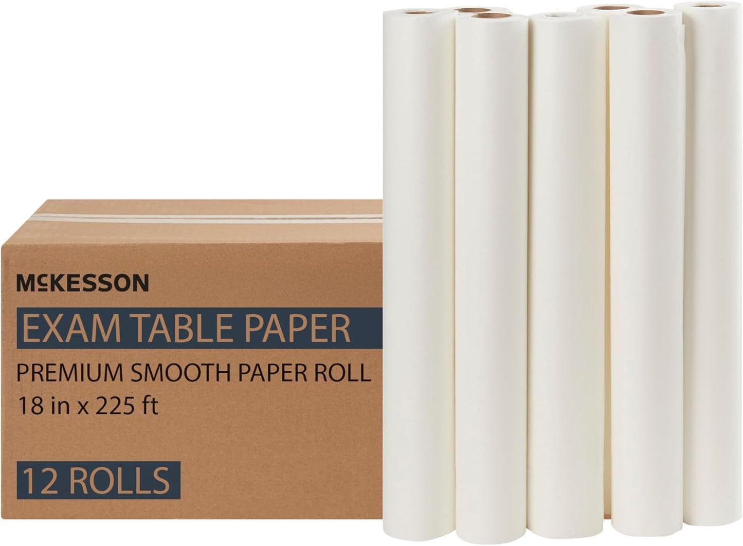 McKesson Medical Exam Table Paper [12 Rolls] – Bed Table Sheet Cover for Diaper Changing, Waxing, Nursing, Chiropractor, Patternmaking, Tracing - Standard Smooth Paper Roll - White, 18 in x 225 ft
