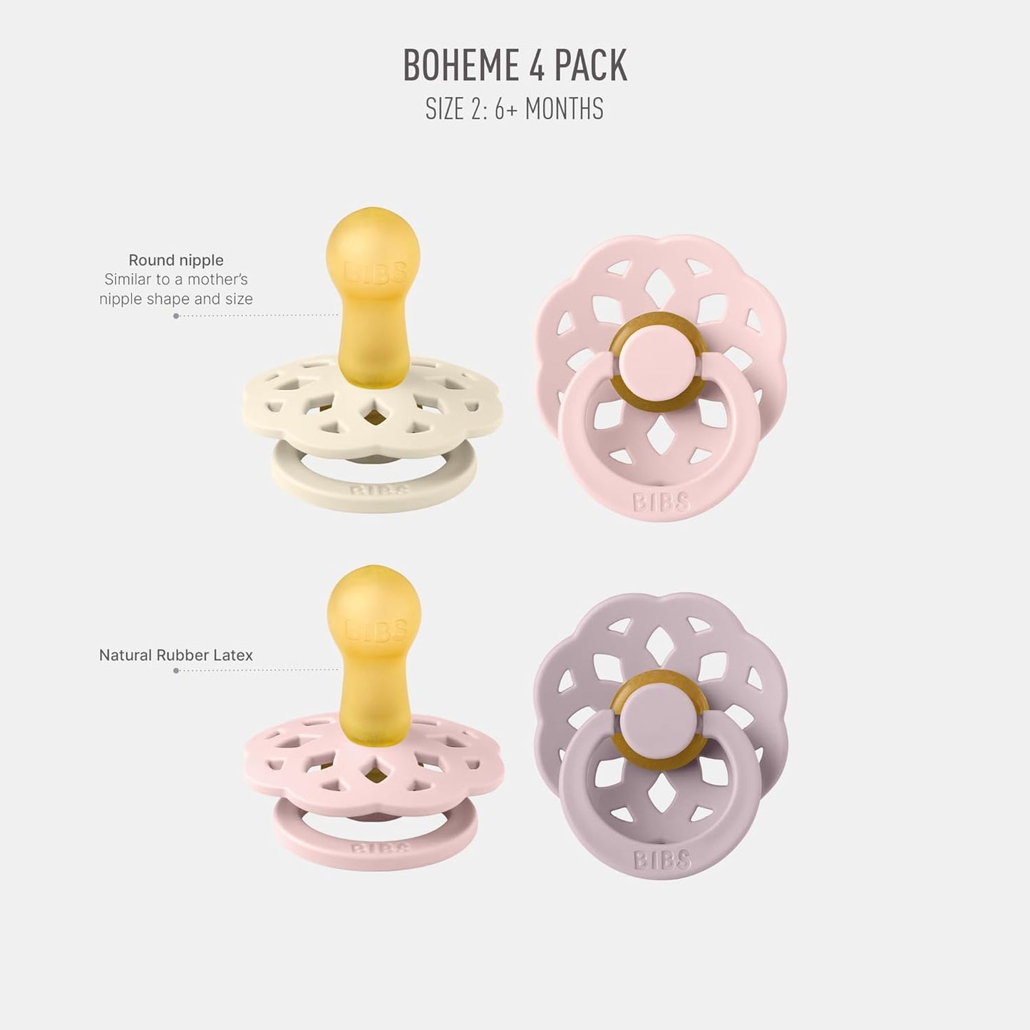 BIBS Boheme Soother 4-Pack | BPA Free Dummy Pacifier | Round Nipple | Natural Rubber Latex | Made in Denmark | Size 6-18 Months | Blossom Mix