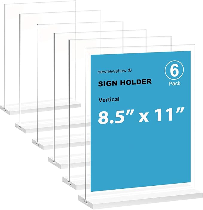 newnewshow Acrylic Sign Holder 8.5x11 Inch 6 Pack Vertical T Shape Double-Sided