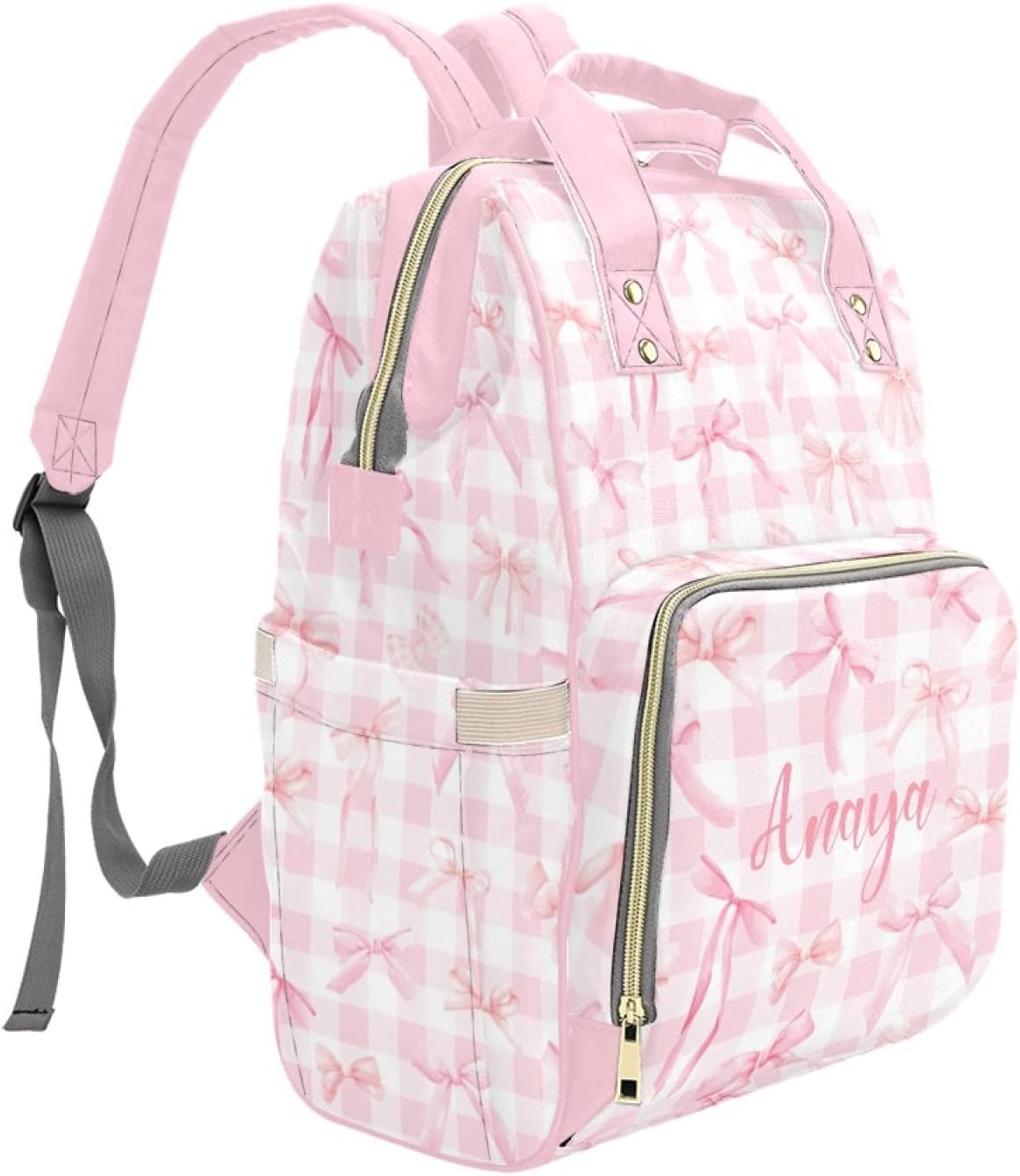 Custom Diaper Bag Backpack for Women, Personalized Name Nursing Mommy Daypack, Pink Bow Diaper Bag for Baby Girls, New Mom Gifts